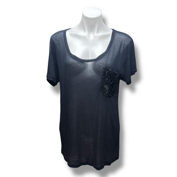 Y2K Express T Shirts 2 Sheer Embellished Pockets Black White Studded Sequins M - Picture 10 of 16